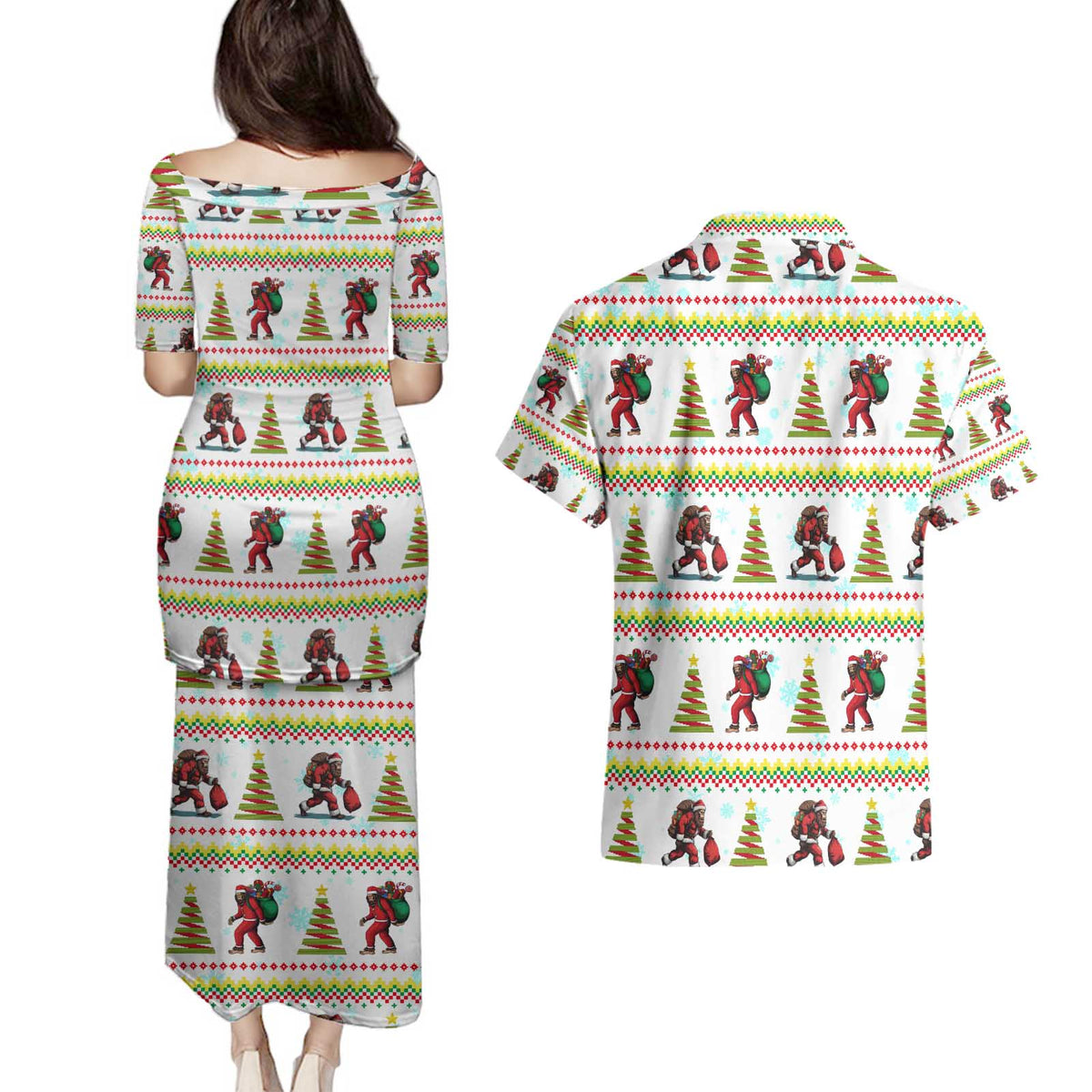 Amazing Bigfoot Christmas Couples Matching Puletasi and Hawaiian Shirt Xmas Holiday Patterns - Wonder Print Shop