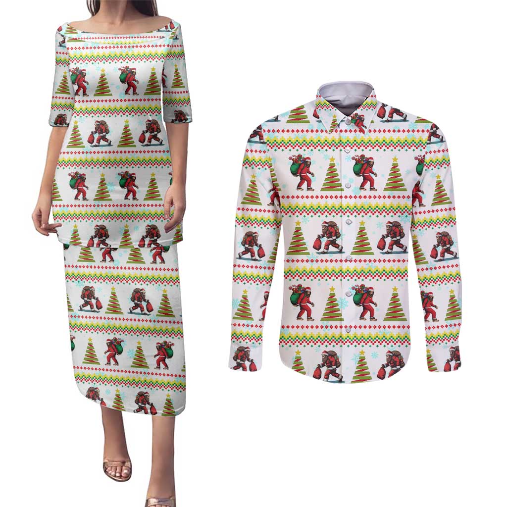 Amazing Bigfoot Christmas Couples Matching Puletasi and Long Sleeve Button Shirt Xmas Holiday Patterns - Wonder Print Shop