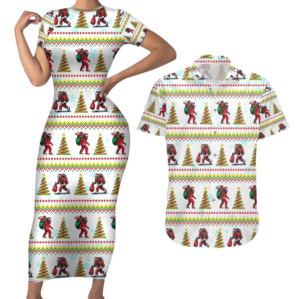 Amazing Bigfoot Christmas Couples Matching Short Sleeve Bodycon Dress and Hawaiian Shirt Xmas Holiday Patterns - Wonder Print Shop