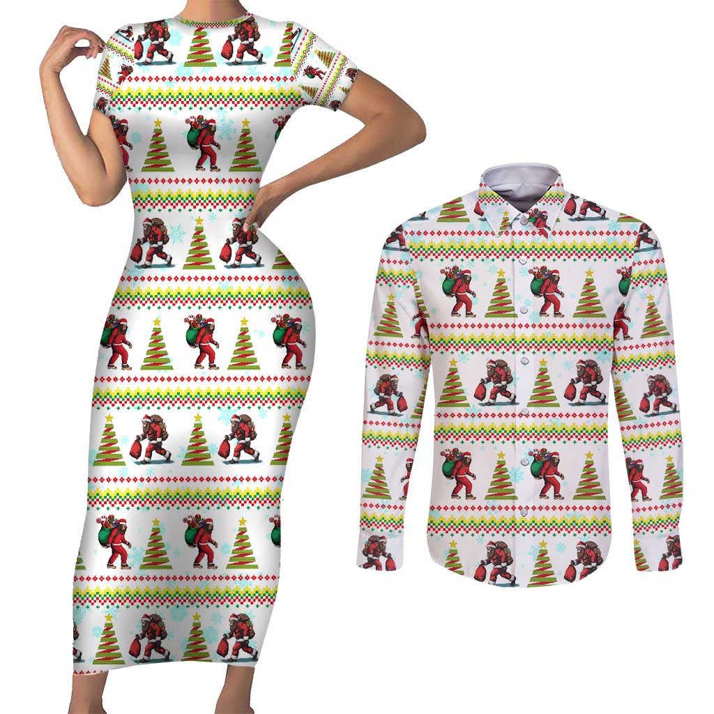 Amazing Bigfoot Christmas Couples Matching Short Sleeve Bodycon Dress and Long Sleeve Button Shirt Xmas Holiday Patterns - Wonder Print Shop