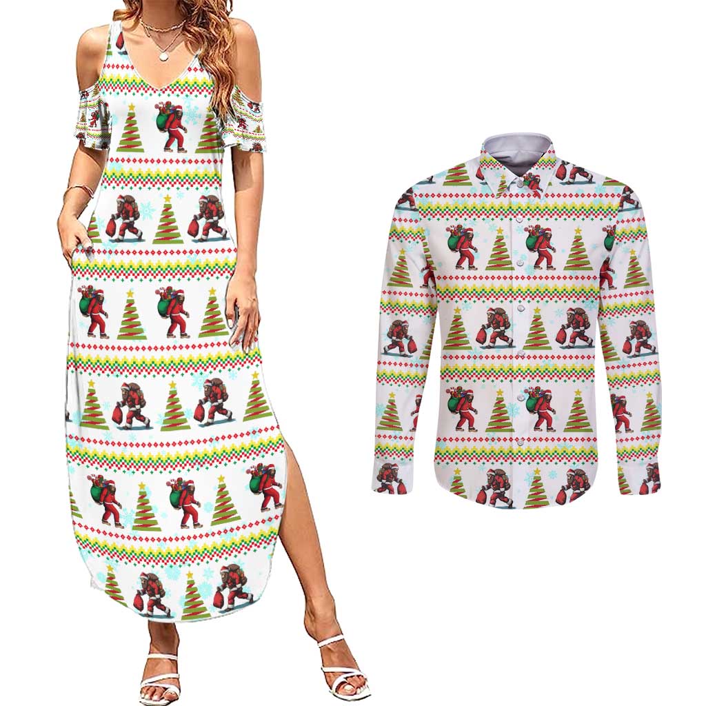 Amazing Bigfoot Christmas Couples Matching Summer Maxi Dress and Long Sleeve Button Shirt Xmas Holiday Patterns - Wonder Print Shop