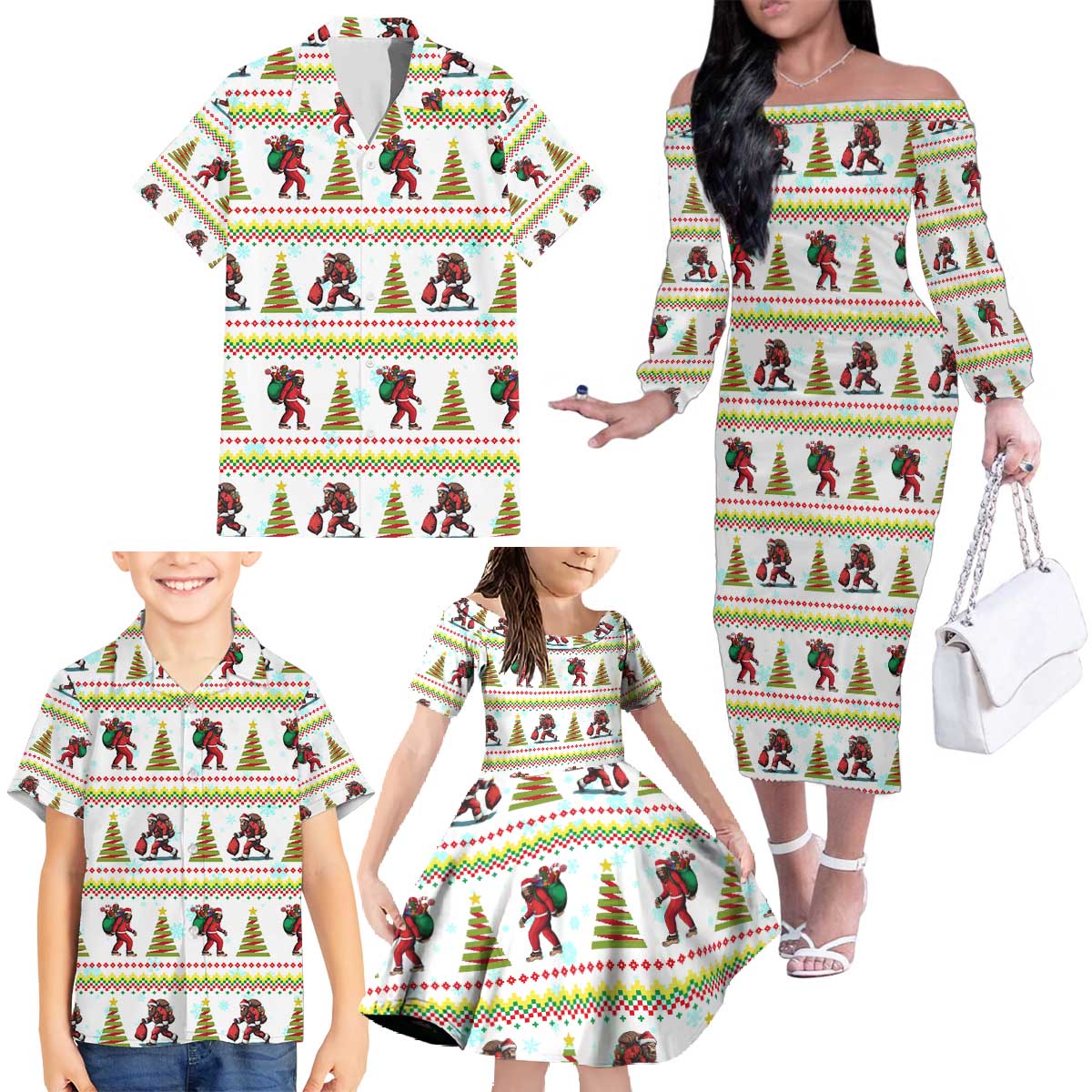 Amazing Bigfoot Christmas Family Matching Off The Shoulder Long Sleeve Dress and Hawaiian Shirt Xmas Holiday Patterns - Wonder Print Shop