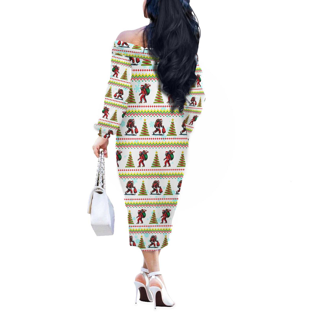 Amazing Bigfoot Christmas Off The Shoulder Long Sleeve Dress Xmas Holiday Patterns - Wonder Print Shop