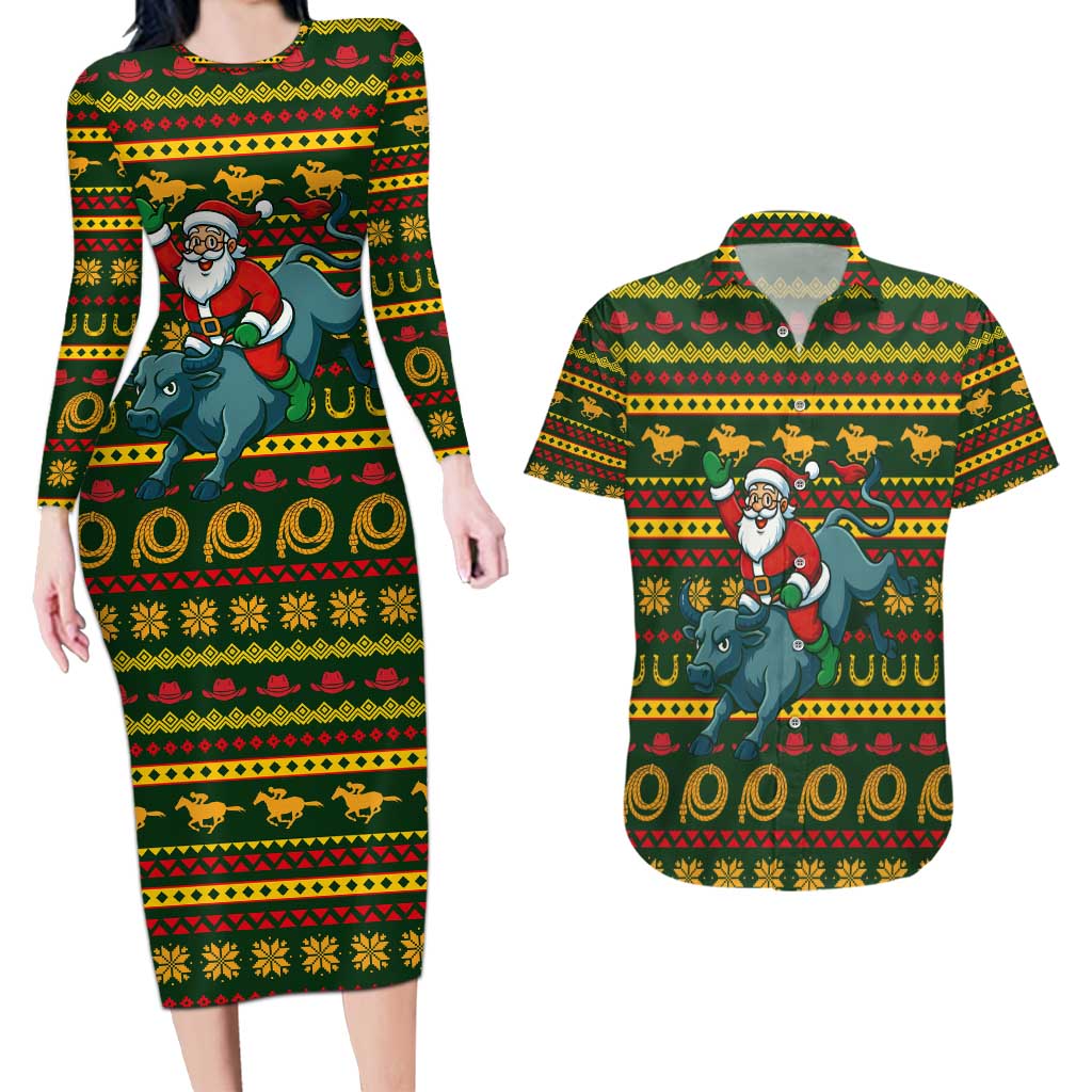 Amazing Cowboy Santa Claus Christmas Couples Matching Long Sleeve Bodycon Dress and Hawaiian Shirt Xmas Holiday Patterns - Wonder Print Shop