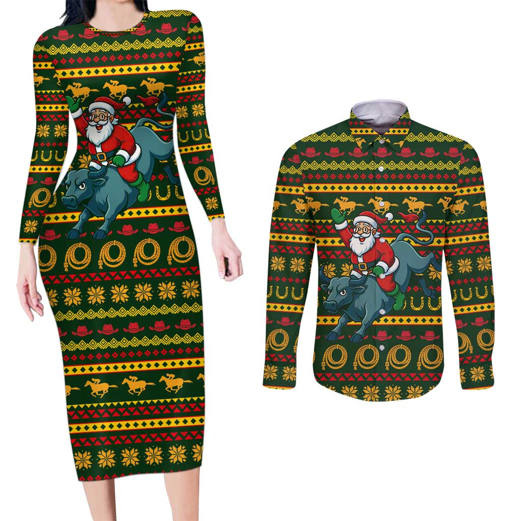 Amazing Cowboy Santa Claus Christmas Couples Matching Long Sleeve Bodycon Dress and Long Sleeve Button Shirt Xmas Holiday Patterns - Wonder Print Shop