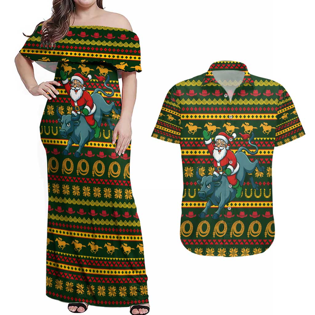 Amazing Cowboy Santa Claus Christmas Couples Matching Off Shoulder Maxi Dress and Hawaiian Shirt Xmas Holiday Patterns - Wonder Print Shop