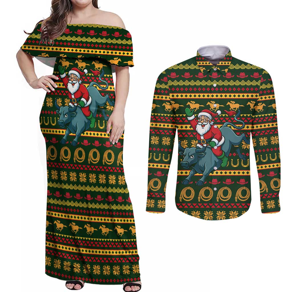Amazing Cowboy Santa Claus Christmas Couples Matching Off Shoulder Maxi Dress and Long Sleeve Button Shirt Xmas Holiday Patterns - Wonder Print Shop