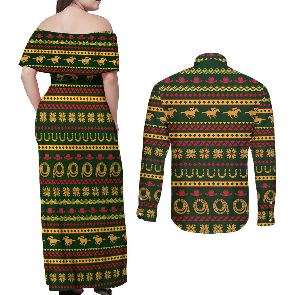 Amazing Cowboy Santa Claus Christmas Couples Matching Off Shoulder Maxi Dress and Long Sleeve Button Shirt Xmas Holiday Patterns - Wonder Print Shop