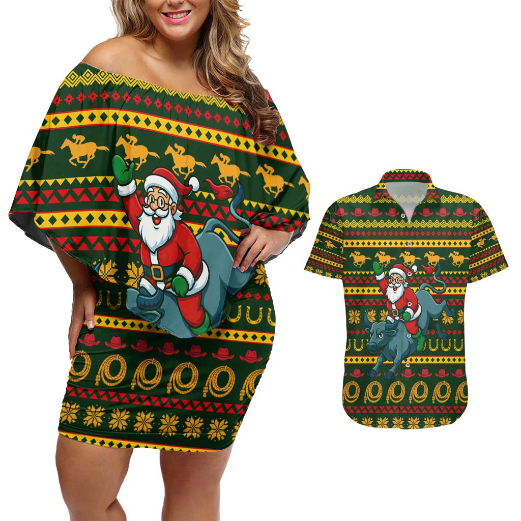 Amazing Cowboy Santa Claus Christmas Couples Matching Off Shoulder Short Dress and Hawaiian Shirt Xmas Holiday Patterns - Wonder Print Shop