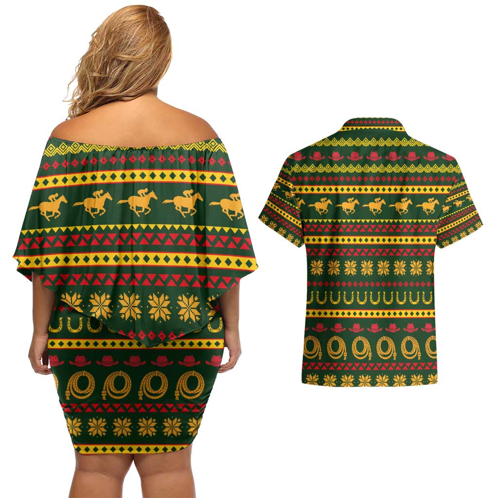 Amazing Cowboy Santa Claus Christmas Couples Matching Off Shoulder Short Dress and Hawaiian Shirt Xmas Holiday Patterns - Wonder Print Shop
