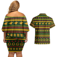 Amazing Cowboy Santa Claus Christmas Couples Matching Off Shoulder Short Dress and Hawaiian Shirt Xmas Holiday Patterns - Wonder Print Shop