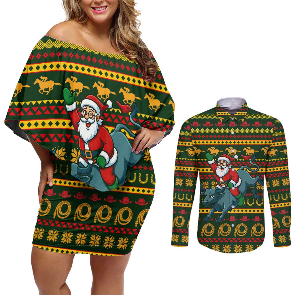 Amazing Cowboy Santa Claus Christmas Couples Matching Off Shoulder Short Dress and Long Sleeve Button Shirt Xmas Holiday Patterns - Wonder Print Shop