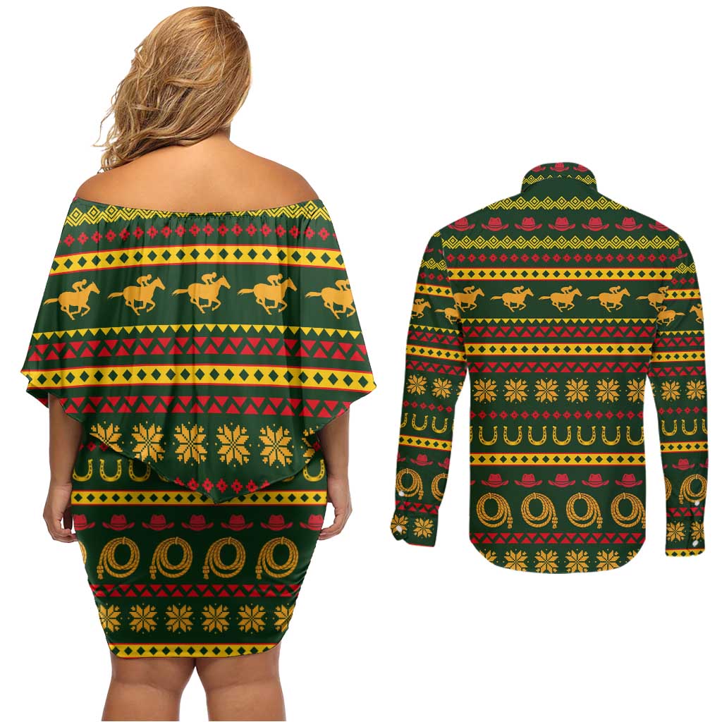 Amazing Cowboy Santa Claus Christmas Couples Matching Off Shoulder Short Dress and Long Sleeve Button Shirt Xmas Holiday Patterns - Wonder Print Shop