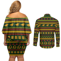 Amazing Cowboy Santa Claus Christmas Couples Matching Off Shoulder Short Dress and Long Sleeve Button Shirt Xmas Holiday Patterns - Wonder Print Shop