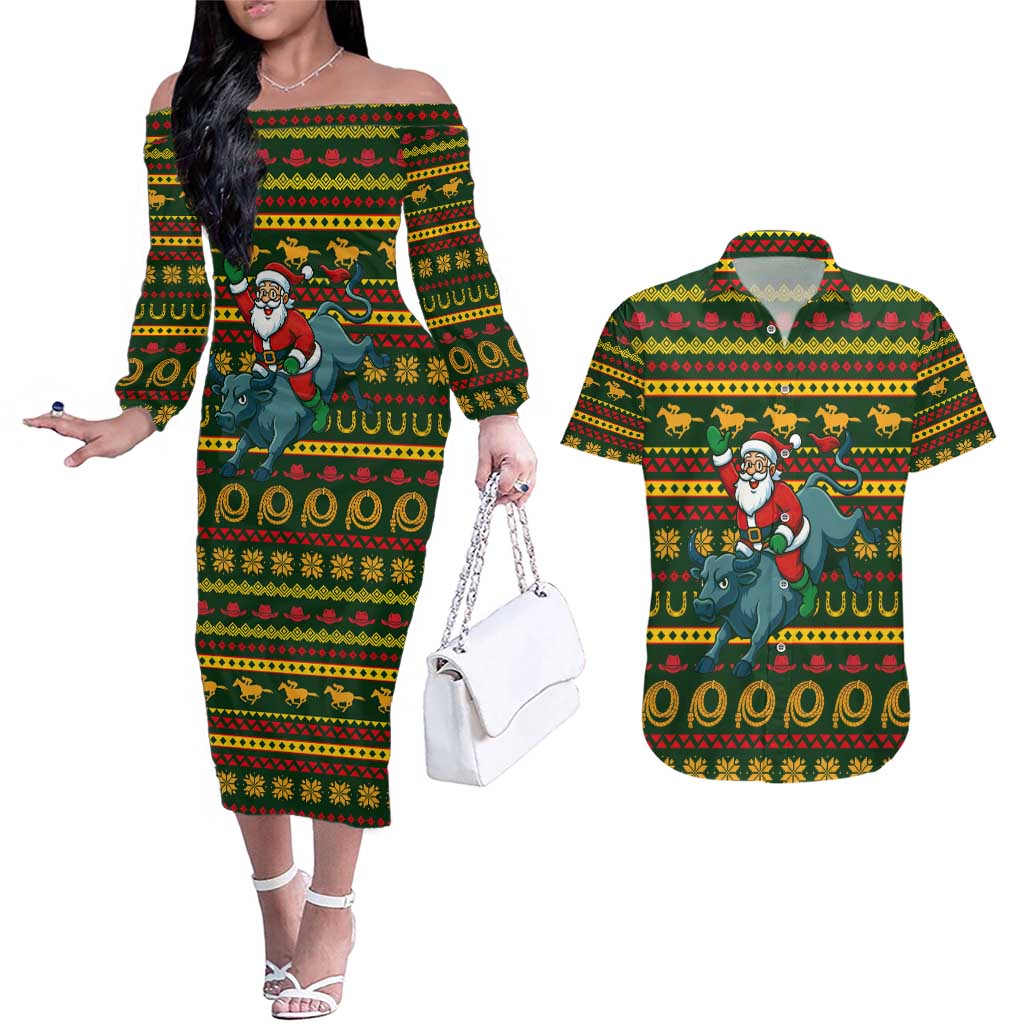 Amazing Cowboy Santa Claus Christmas Couples Matching Off The Shoulder Long Sleeve Dress and Hawaiian Shirt Xmas Holiday Patterns - Wonder Print Shop