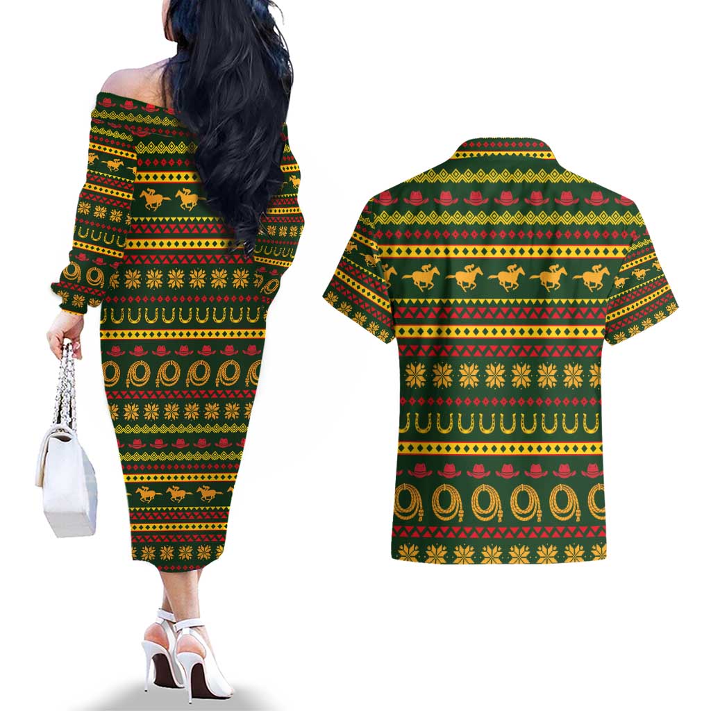 Amazing Cowboy Santa Claus Christmas Couples Matching Off The Shoulder Long Sleeve Dress and Hawaiian Shirt Xmas Holiday Patterns - Wonder Print Shop