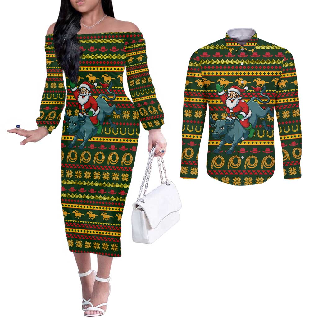 Amazing Cowboy Santa Claus Christmas Couples Matching Off The Shoulder Long Sleeve Dress and Long Sleeve Button Shirt Xmas Holiday Patterns - Wonder Print Shop