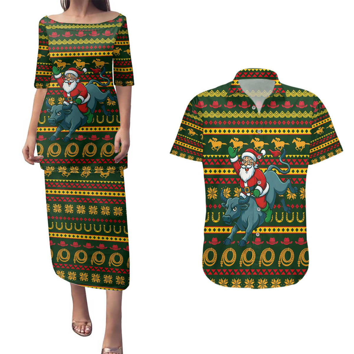 Amazing Cowboy Santa Claus Christmas Couples Matching Puletasi and Hawaiian Shirt Xmas Holiday Patterns - Wonder Print Shop