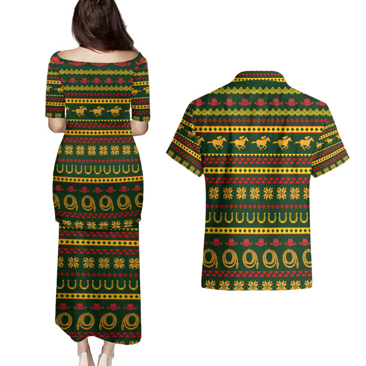 Amazing Cowboy Santa Claus Christmas Couples Matching Puletasi and Hawaiian Shirt Xmas Holiday Patterns - Wonder Print Shop