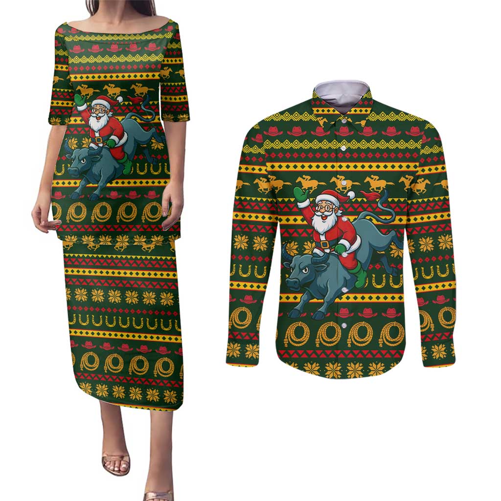 Amazing Cowboy Santa Claus Christmas Couples Matching Puletasi and Long Sleeve Button Shirt Xmas Holiday Patterns - Wonder Print Shop