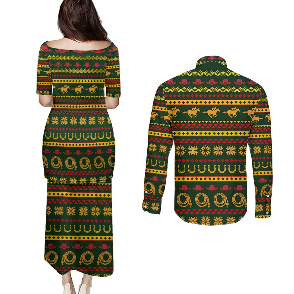 Amazing Cowboy Santa Claus Christmas Couples Matching Puletasi and Long Sleeve Button Shirt Xmas Holiday Patterns - Wonder Print Shop