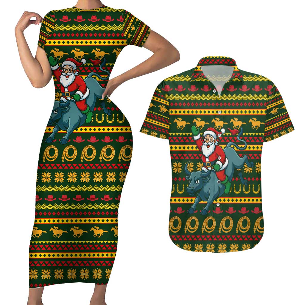 Amazing Cowboy Santa Claus Christmas Couples Matching Short Sleeve Bodycon Dress and Hawaiian Shirt Xmas Holiday Patterns - Wonder Print Shop