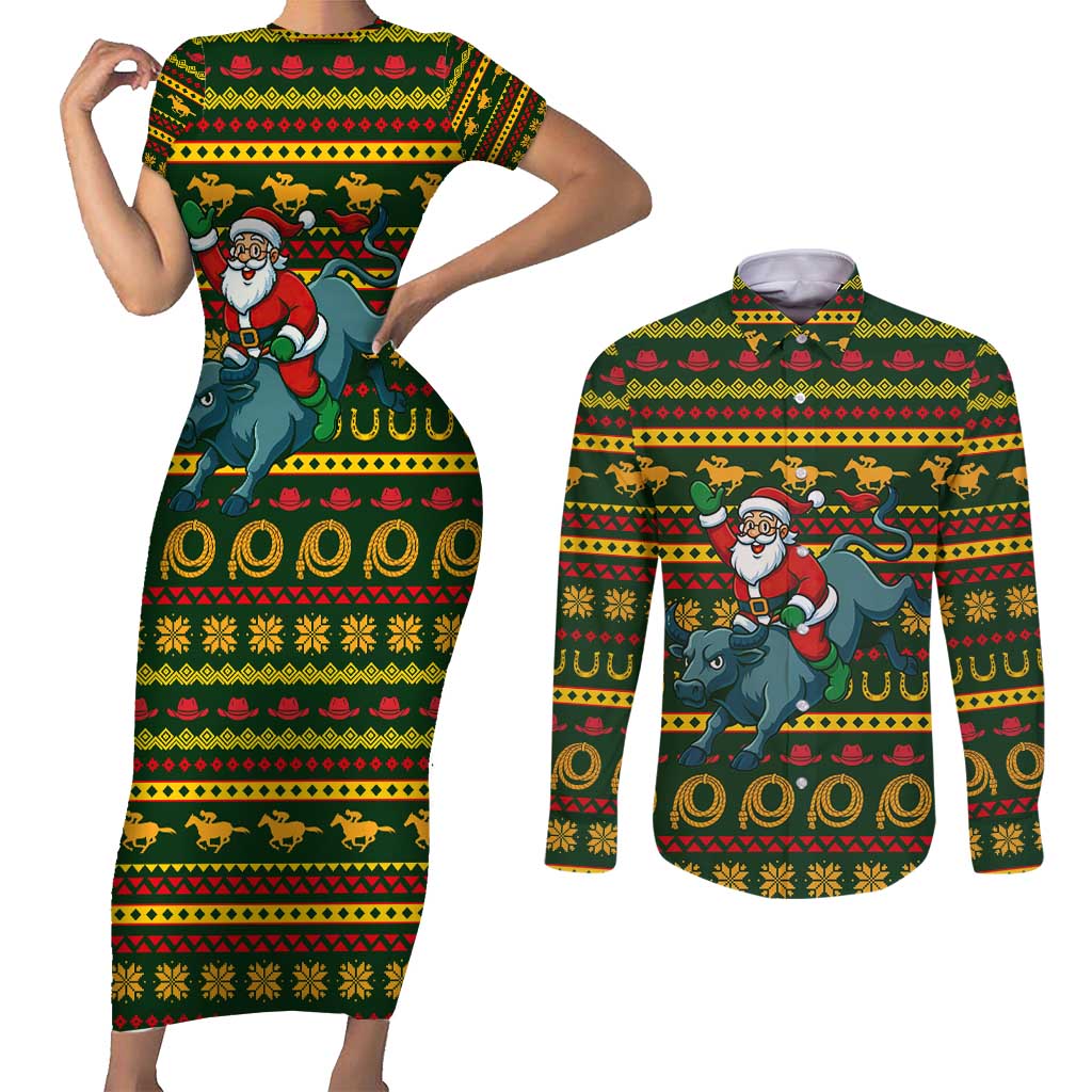 Amazing Cowboy Santa Claus Christmas Couples Matching Short Sleeve Bodycon Dress and Long Sleeve Button Shirt Xmas Holiday Patterns - Wonder Print Shop