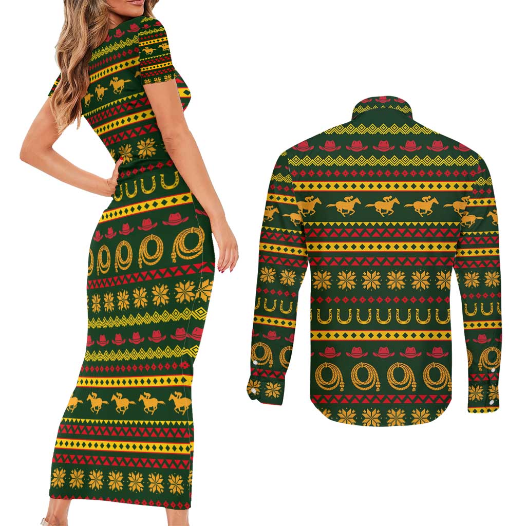Amazing Cowboy Santa Claus Christmas Couples Matching Short Sleeve Bodycon Dress and Long Sleeve Button Shirt Xmas Holiday Patterns - Wonder Print Shop