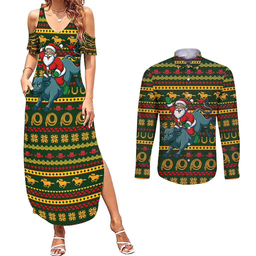 Amazing Cowboy Santa Claus Christmas Couples Matching Summer Maxi Dress and Long Sleeve Button Shirt Xmas Holiday Patterns - Wonder Print Shop