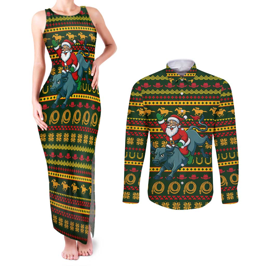 Amazing Cowboy Santa Claus Christmas Couples Matching Tank Maxi Dress and Long Sleeve Button Shirt Xmas Holiday Patterns - Wonder Print Shop