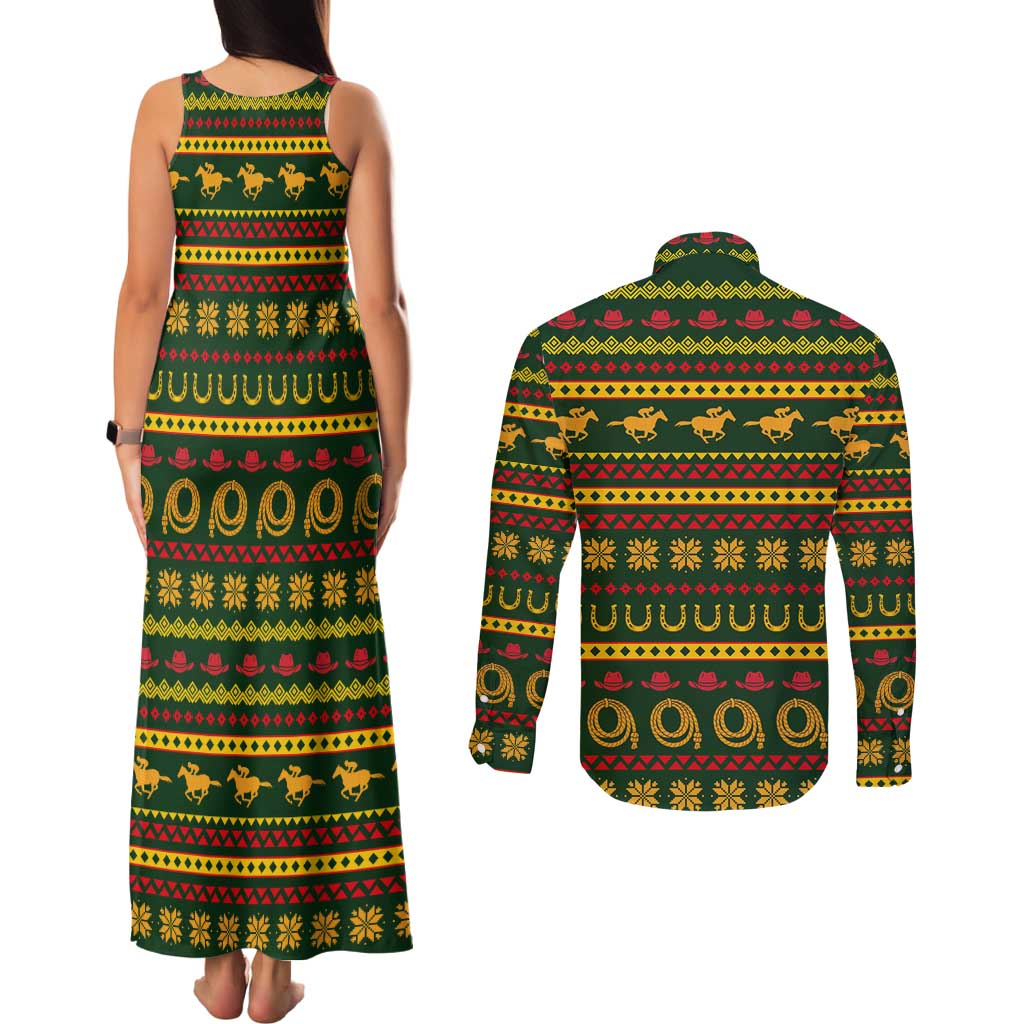 Amazing Cowboy Santa Claus Christmas Couples Matching Tank Maxi Dress and Long Sleeve Button Shirt Xmas Holiday Patterns - Wonder Print Shop