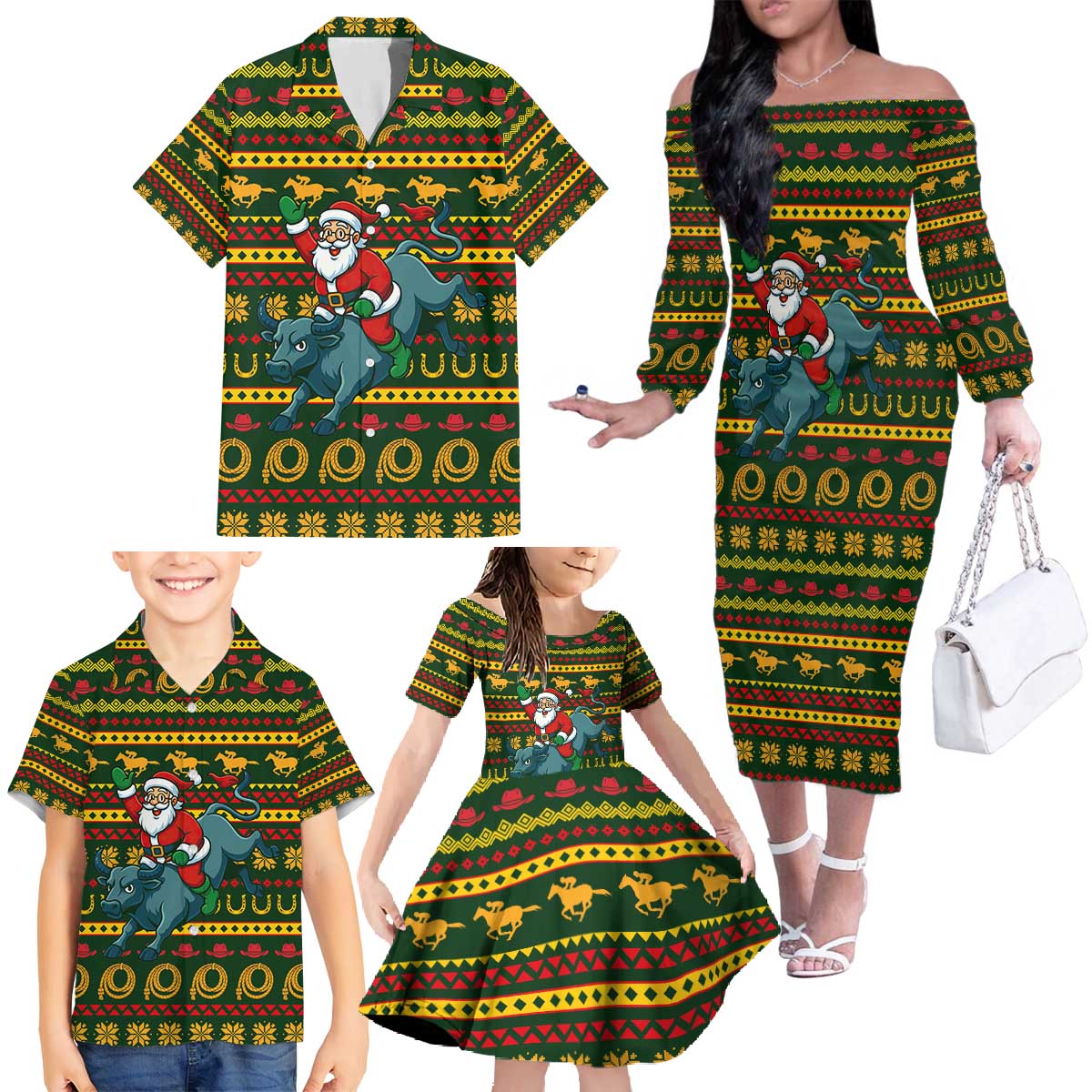 Amazing Cowboy Santa Claus Christmas Family Matching Off The Shoulder Long Sleeve Dress and Hawaiian Shirt Xmas Holiday Patterns - Wonder Print Shop