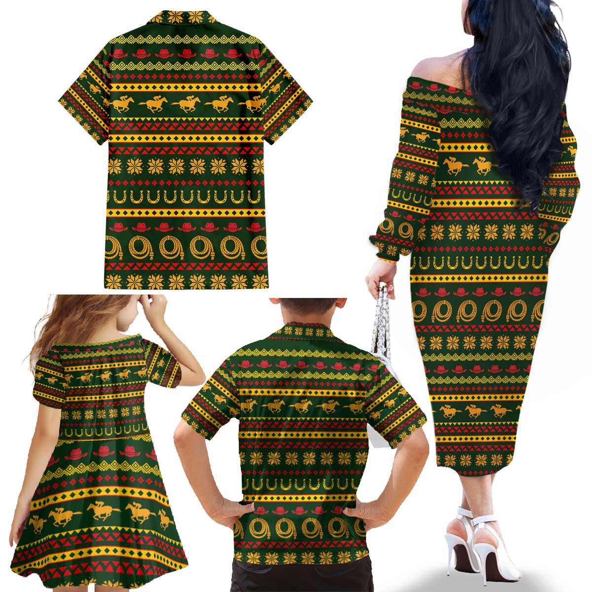 Amazing Cowboy Santa Claus Christmas Family Matching Off The Shoulder Long Sleeve Dress and Hawaiian Shirt Xmas Holiday Patterns - Wonder Print Shop