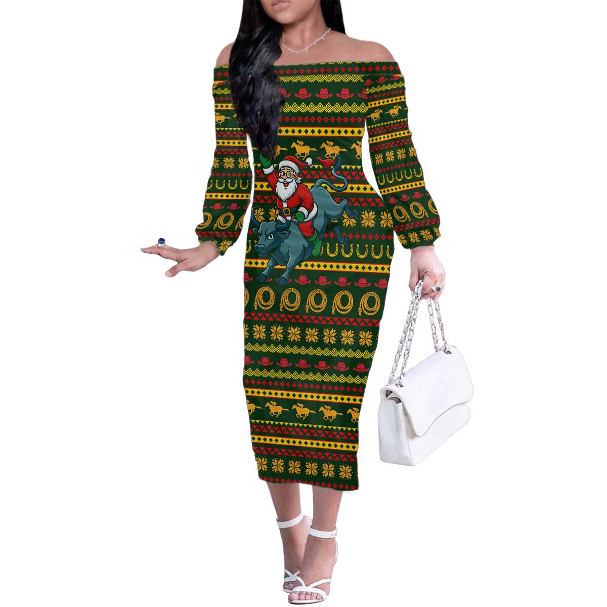 Amazing Cowboy Santa Claus Christmas Family Matching Off The Shoulder Long Sleeve Dress and Hawaiian Shirt Xmas Holiday Patterns - Wonder Print Shop