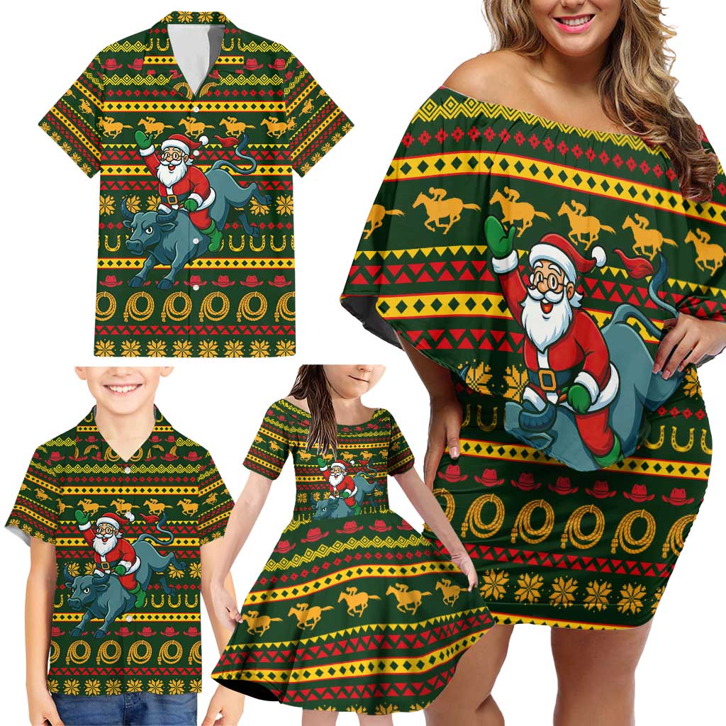 Amazing Cowboy Santa Claus Christmas Family Matching Off Shoulder Short Dress and Hawaiian Shirt Xmas Holiday Patterns - Wonder Print Shop