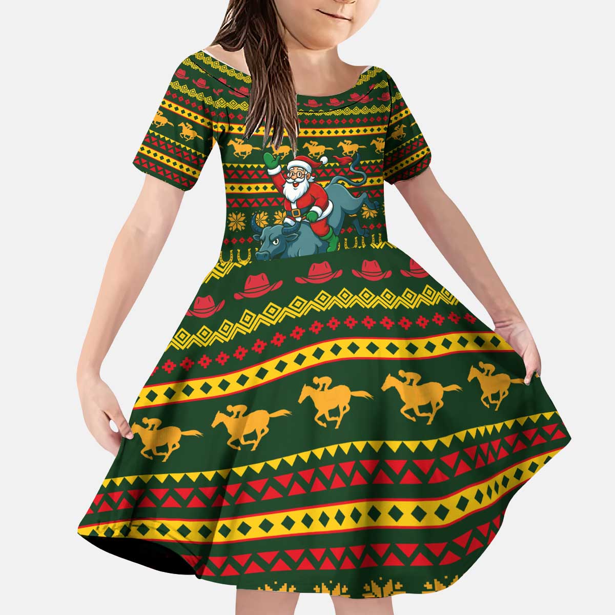 Amazing Cowboy Santa Claus Christmas Kid Short Sleeve Dress Xmas Holiday Patterns - Wonder Print Shop