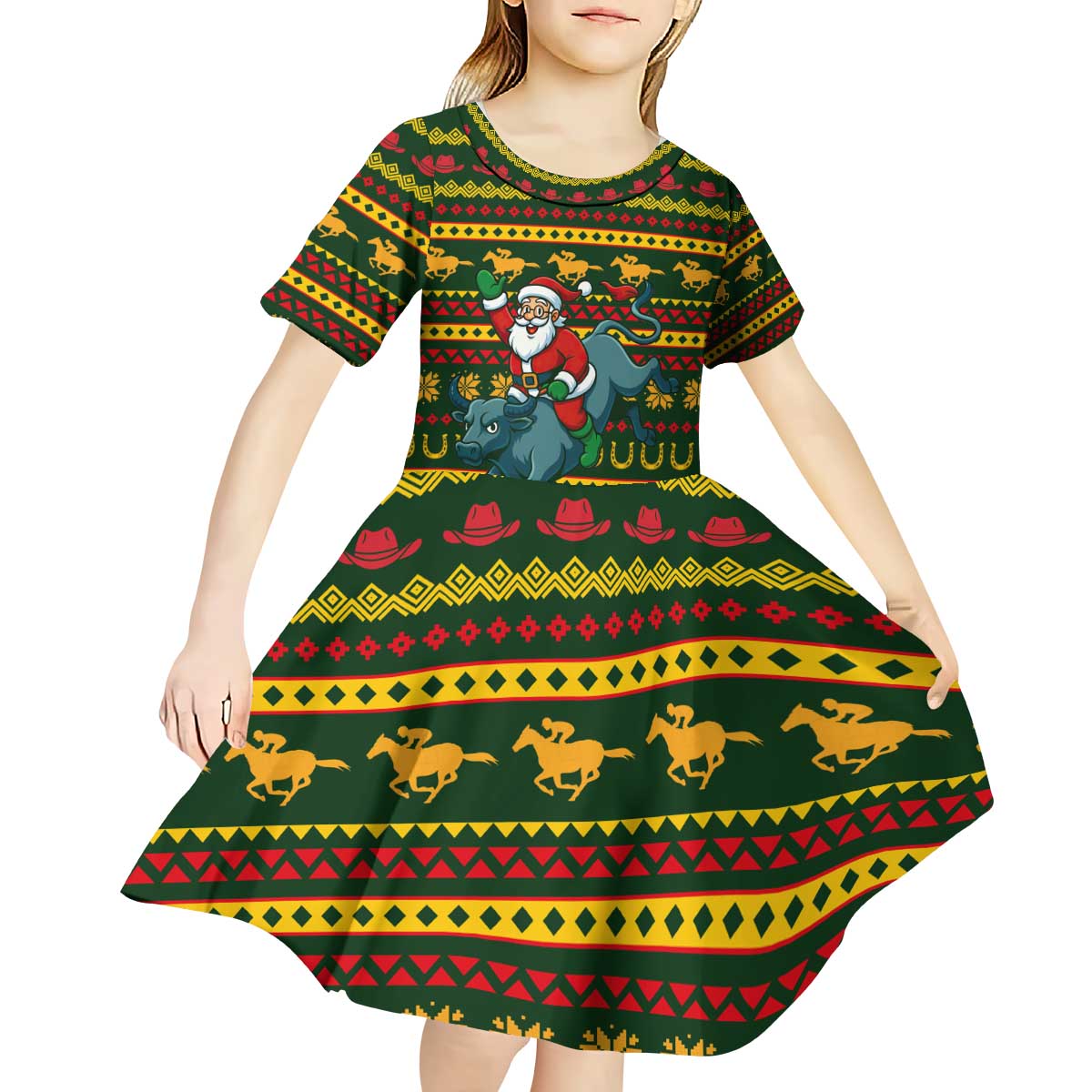 Amazing Cowboy Santa Claus Christmas Kid Short Sleeve Dress Xmas Holiday Patterns - Wonder Print Shop