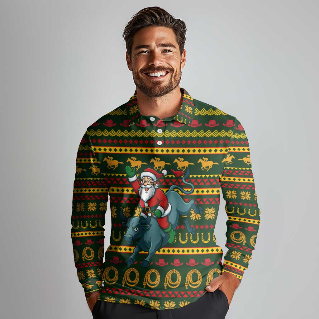 Amazing Cowboy Santa Claus Christmas Long Sleeve Polo Shirt Xmas Holiday Patterns - Wonder Print Shop