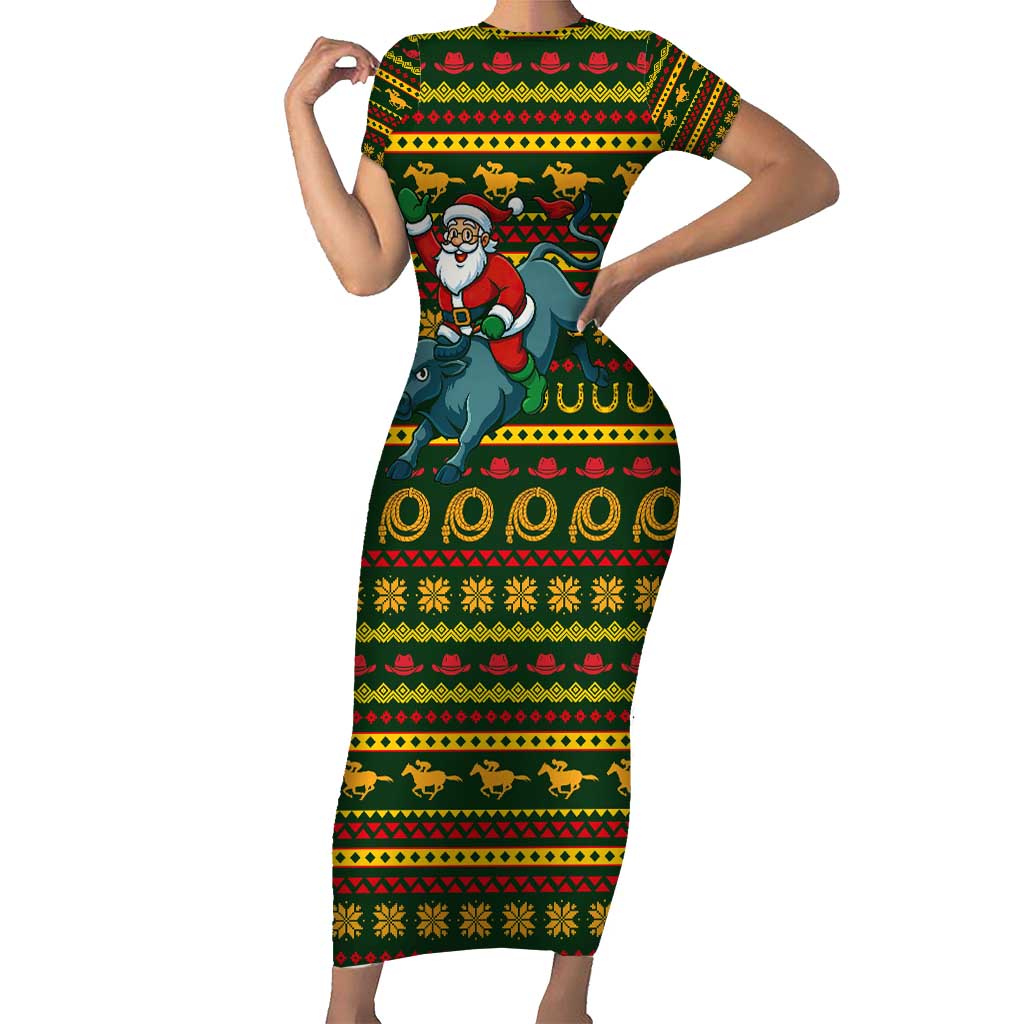 Amazing Cowboy Santa Claus Christmas Short Sleeve Bodycon Dress Xmas Holiday Patterns - Wonder Print Shop