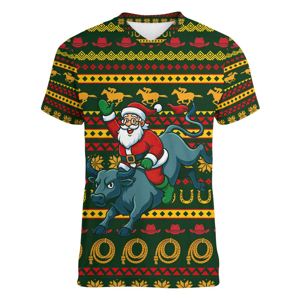 Amazing Cowboy Santa Claus Christmas Women V-Neck T-Shirt Xmas Holiday Patterns - Wonder Print Shop