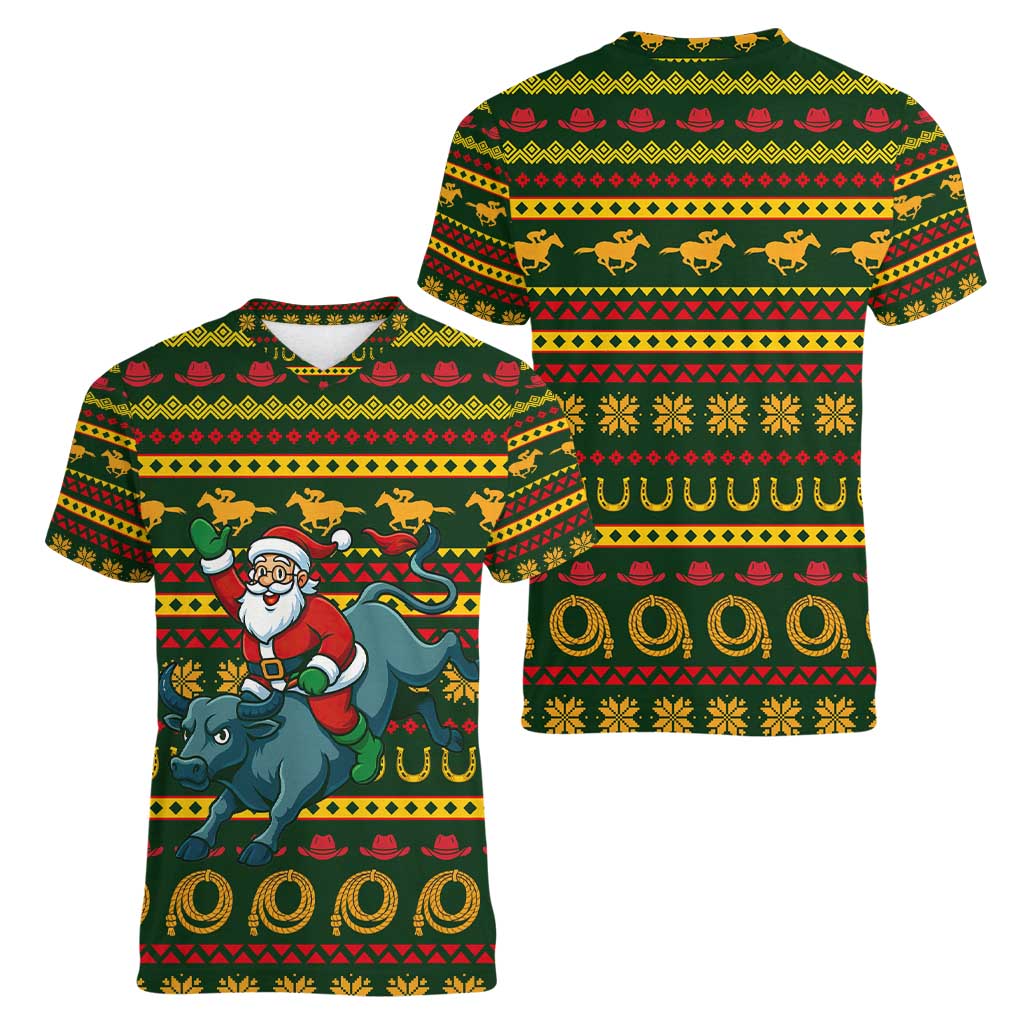 Amazing Cowboy Santa Claus Christmas Women V-Neck T-Shirt Xmas Holiday Patterns - Wonder Print Shop
