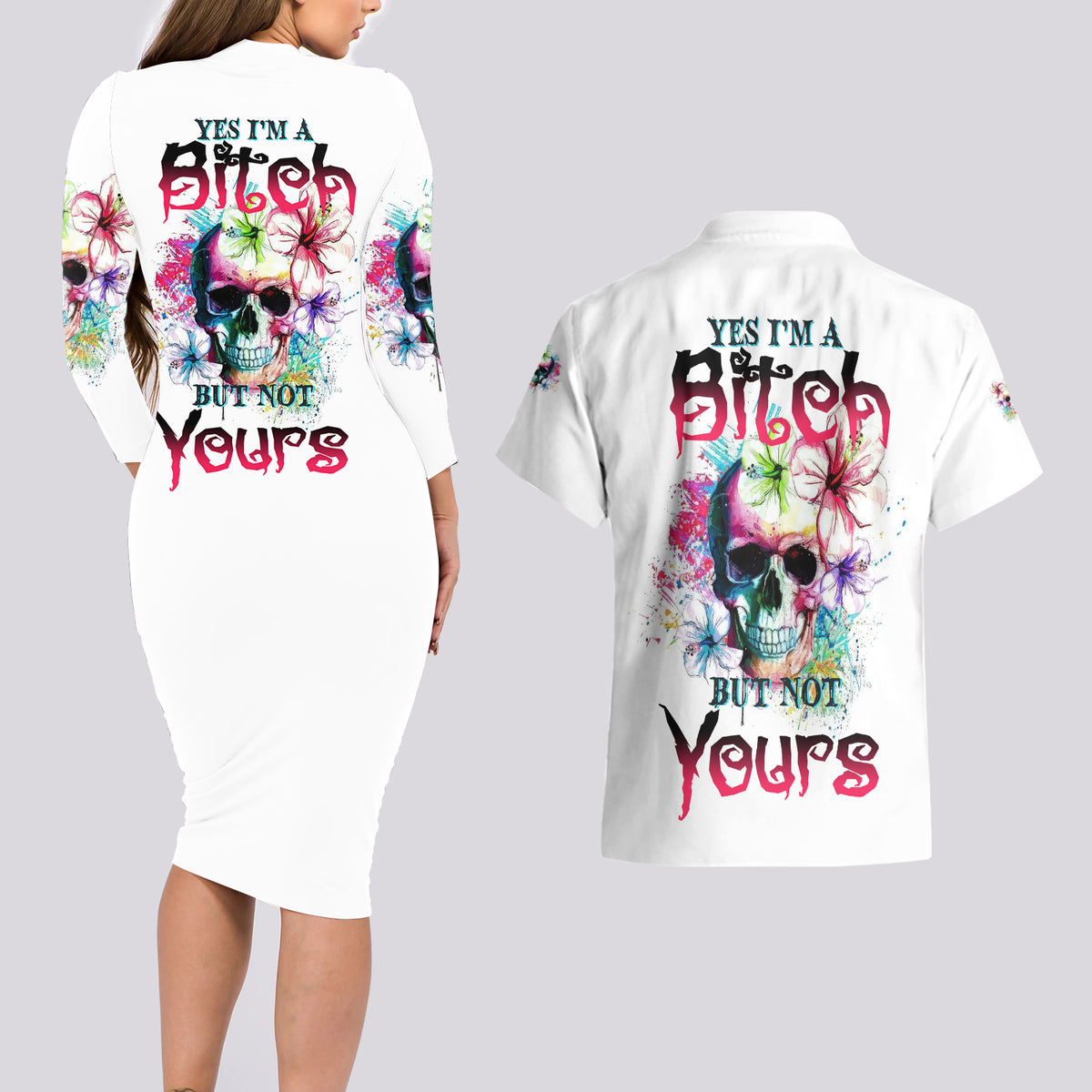 Yes I'm A B But Not Yours Couples Matching Long Sleeve Bodycon Dress and Hawaiian Shirt - Wonder Print Shop