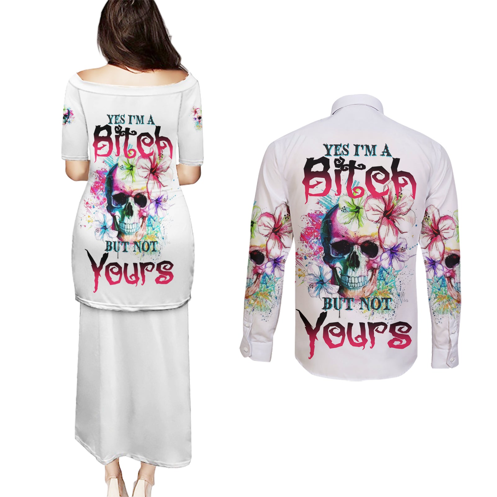 Yes I'm A B But Not Yours Couples Matching Puletasi Dress and Long Sleeve Button Shirt - Wonder Print Shop