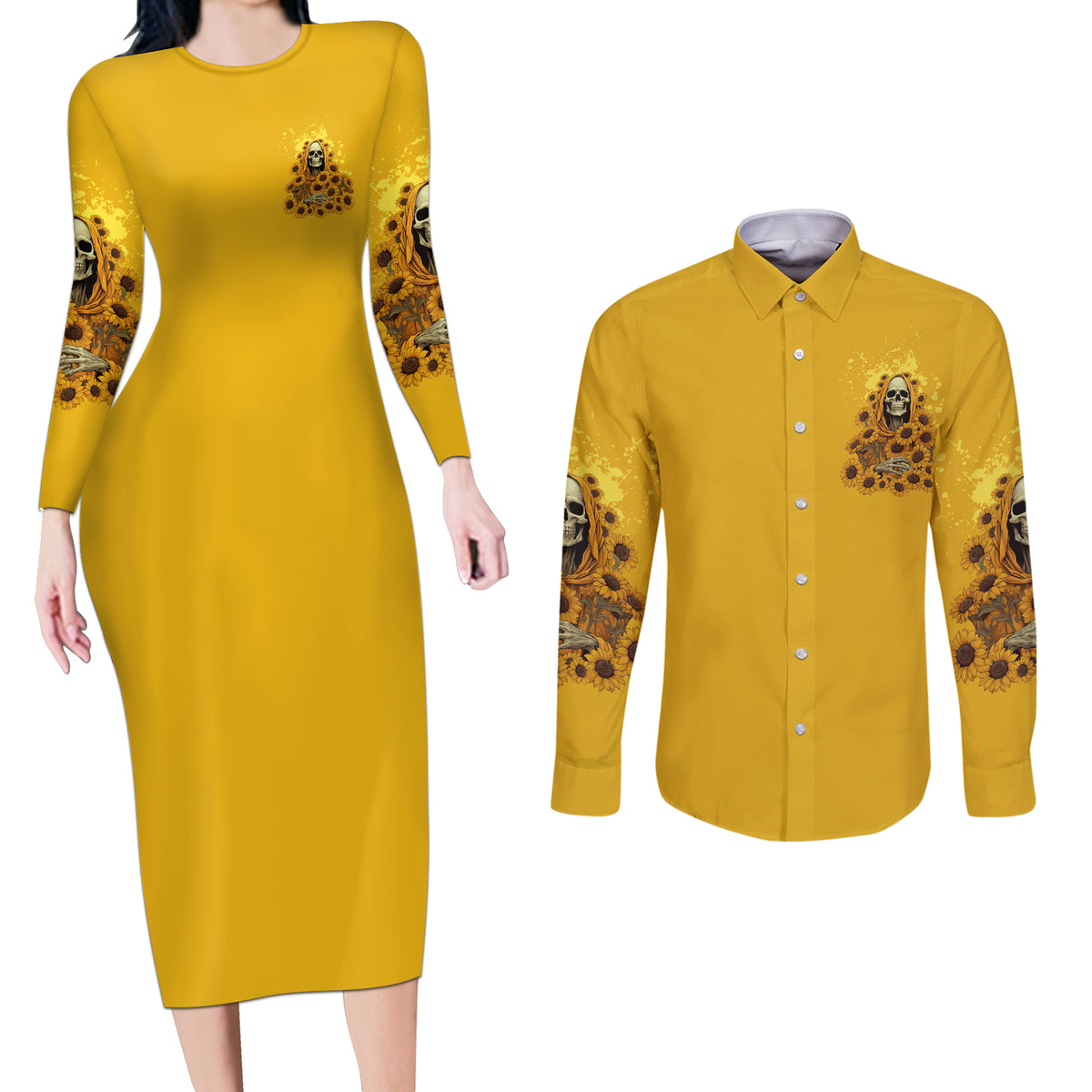 I'm Blunt Because God Rolled Me Sunflower Reaper Couples Matching Long Sleeve Bodycon Dress and Long Sleeve Button Shirt - Wonder Print Shop