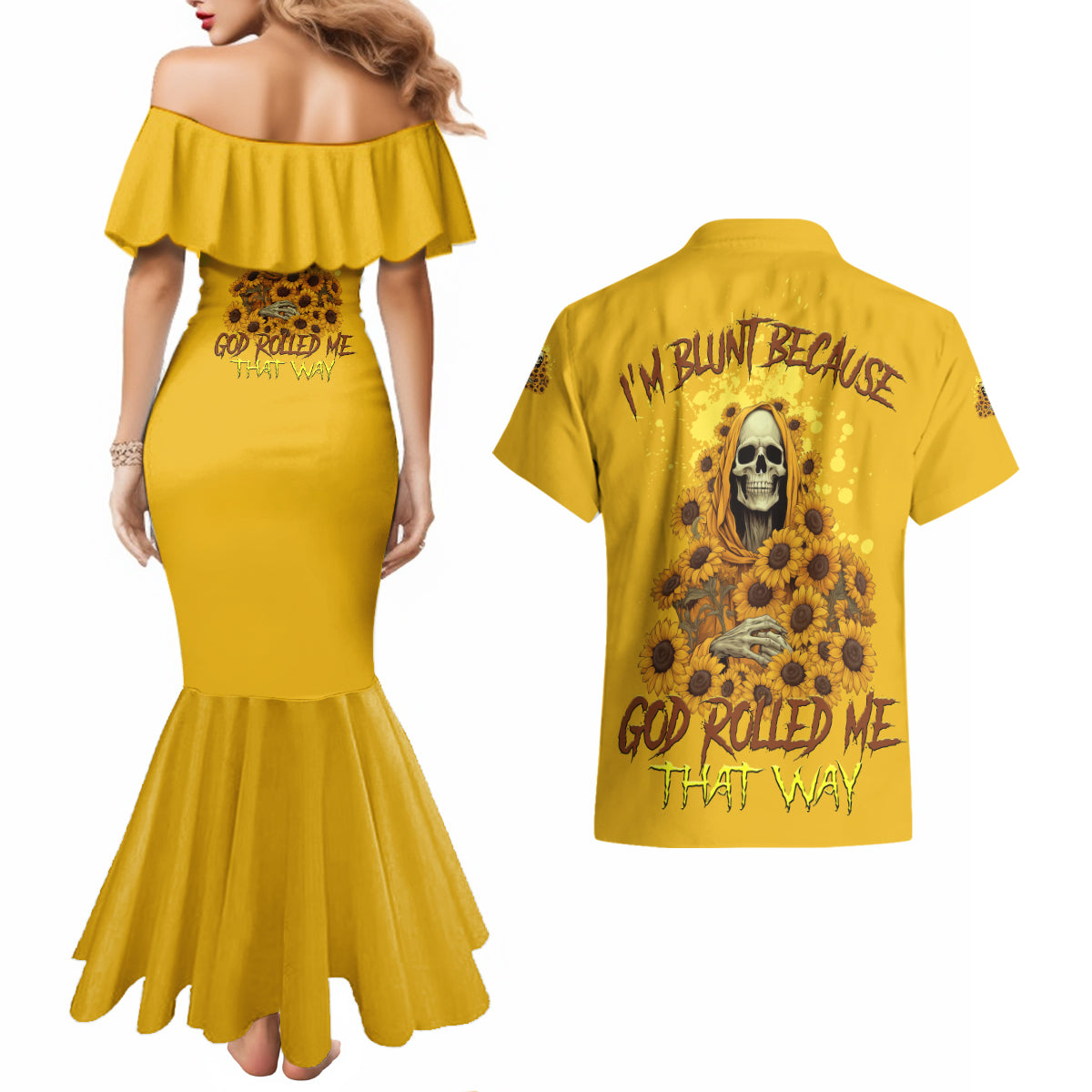I'm Blunt Because God Rolled Me Sunflower Reaper Couples Matching Mermaid Dress and Hawaiian Shirt - Wonder Print Shop