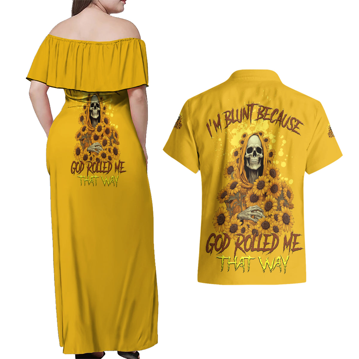 I'm Blunt Because God Rolled Me Sunflower Reaper Couples Matching Off Shoulder Maxi Dress and Hawaiian Shirt - Wonder Print Shop