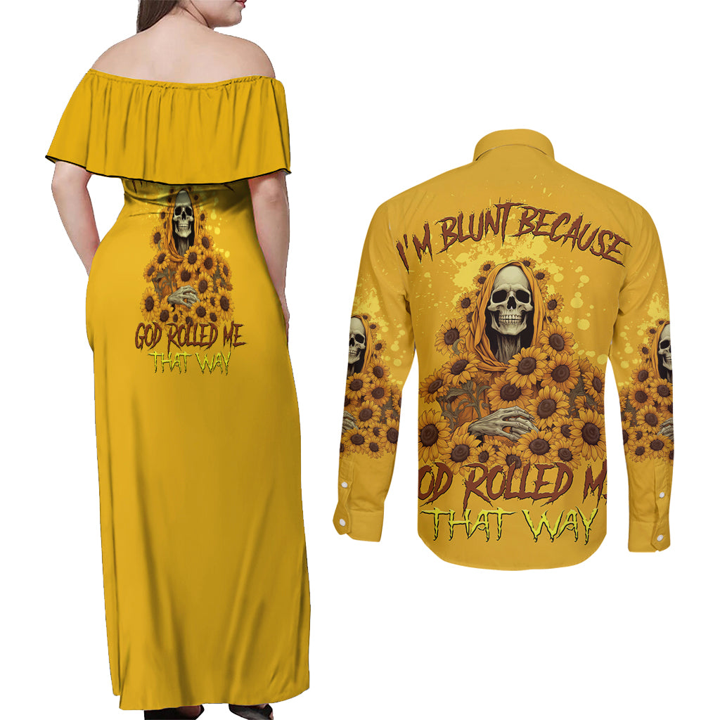 I'm Blunt Because God Rolled Me Sunflower Reaper Couples Matching Off Shoulder Maxi Dress and Long Sleeve Button Shirt - Wonder Print Shop