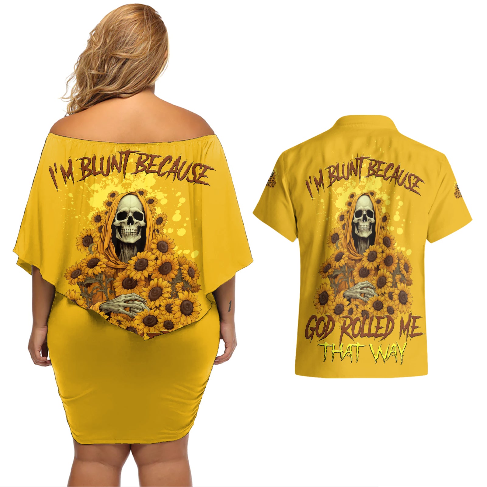I'm Blunt Because God Rolled Me Sunflower Reaper Couples Matching Off Shoulder Short Dress and Hawaiian Shirt - Wonder Print Shop