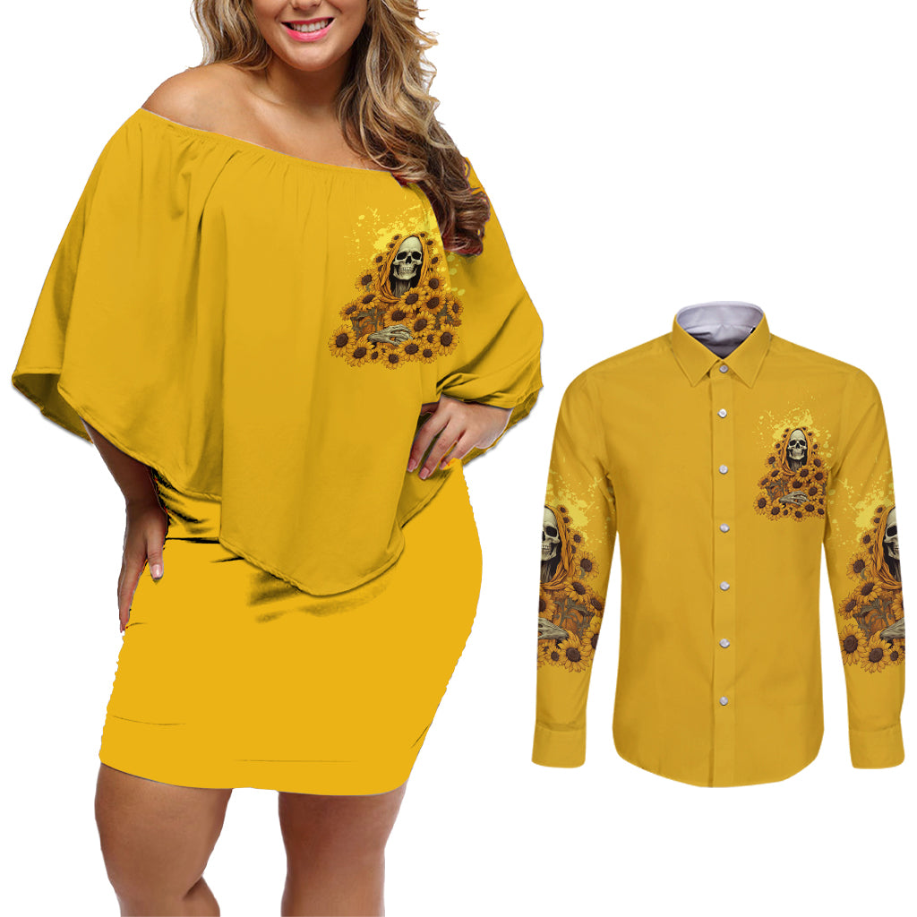 I'm Blunt Because God Rolled Me Sunflower Reaper Couples Matching Off Shoulder Short Dress and Long Sleeve Button Shirt - Wonder Print Shop