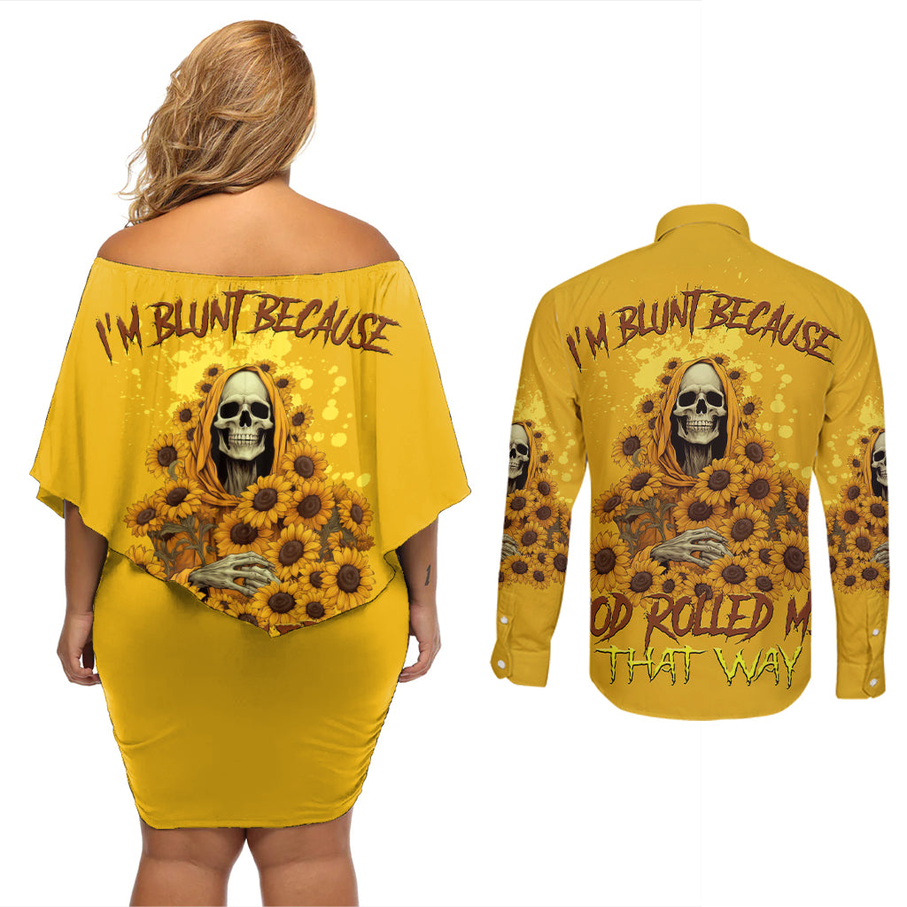 I'm Blunt Because God Rolled Me Sunflower Reaper Couples Matching Off Shoulder Short Dress and Long Sleeve Button Shirt - Wonder Print Shop